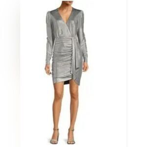 NWT Alex Marie Chrissy Novelty Liquid Silver Faux Wrap Dress Size 2, 4 $168